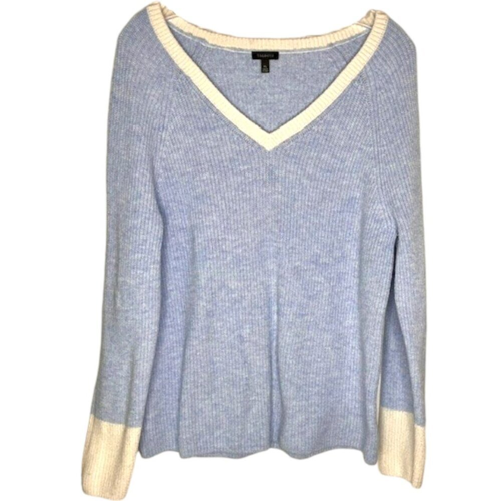 Talbots Heathered Cotton Blend V-Neck Sweater - Tipped - Blue/Cream - XL